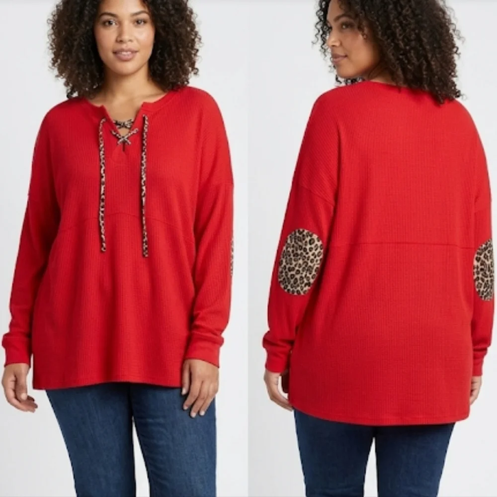 Comfy Long-Sleeved sz 3X Red Lace-Up Women's Top with Leopard Print Ties & Patch